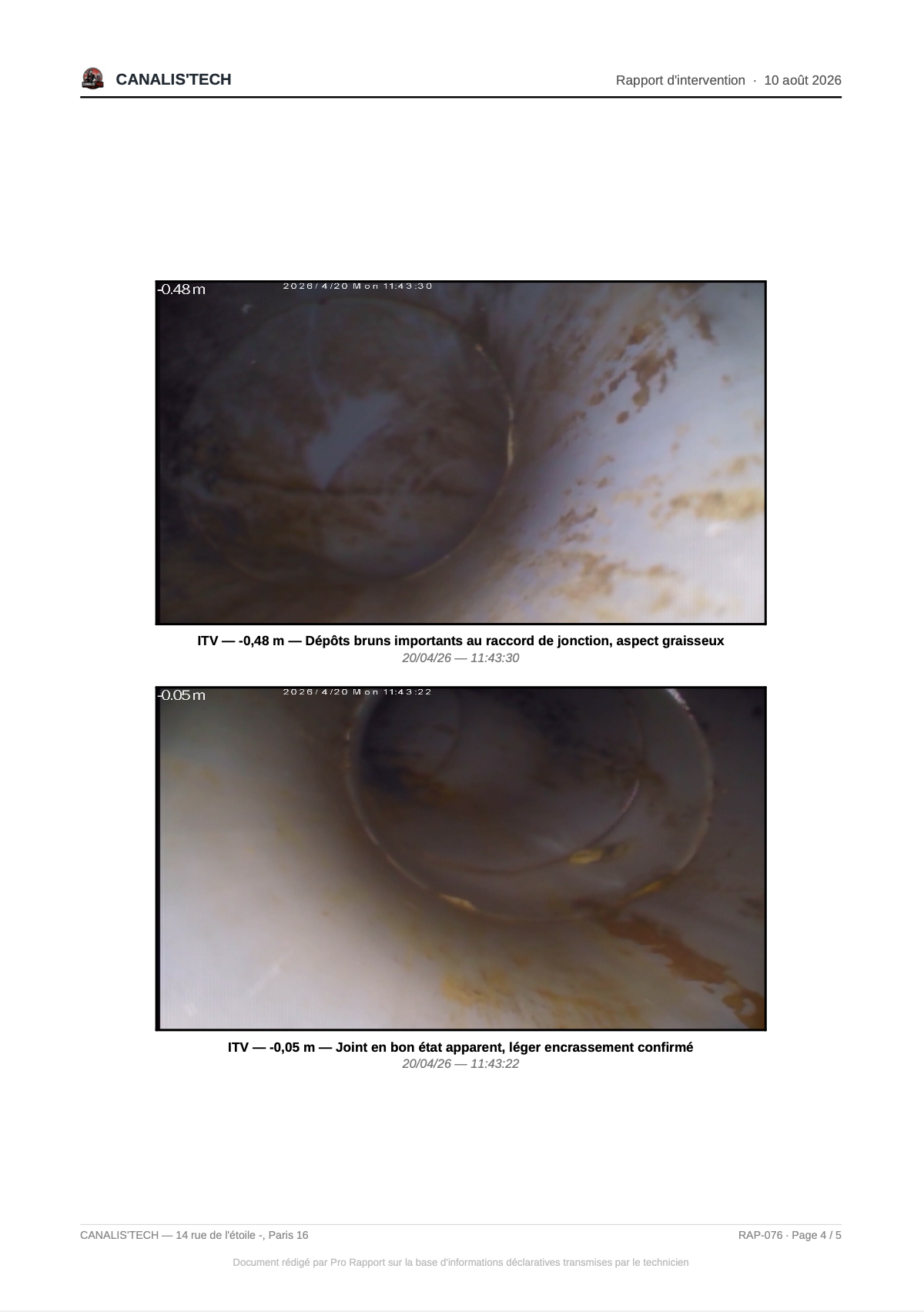 Exemple de rapport d'intervention Pro Rapport, page 4 : suite des photos d'inspection, avec légendes et horodatage
